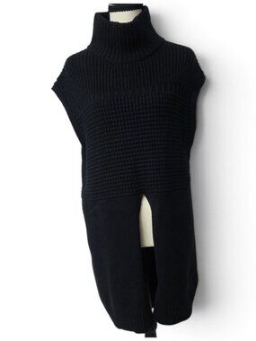 Line The Label Tunic Sweater Vest Medium Black Ribbed Knit Turtleneck Front Slit